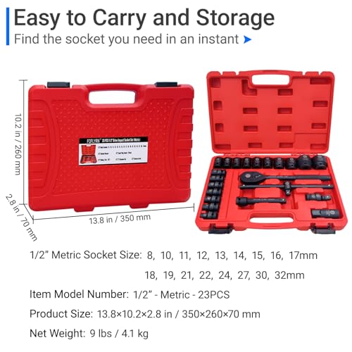 1/2" Drive Impact Socket Set,6-Point Metric Socket Set (8-32mm),23PCS Cr-Mo Material High Durability Deep Socket Set with Ratchet Wrench,Sliding T Bar,Universal Joint,Extension Bar and Storage Case. - style: 1/2" 23PCS Metric Cr-Mo