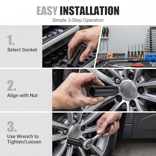 6 Spline Lug Nut Socket, Steel Lugs Nuts Removal Tool, Wheel Lock Nut Key, Wheel Lock Removal Tool for 19 mm(3/4 Inch) & 21 mm(13/16 Inch) Hex Socket Wrench (Black)