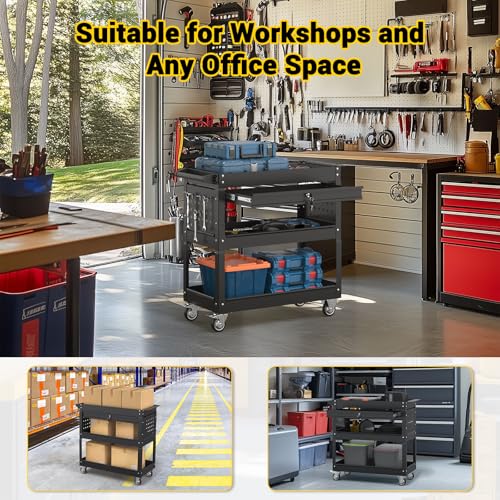 3 Tier Rolling Tool Cart on Wheels, 550 LBS Tool Cart with Drawers,Heavy Duty Utility Cart with Pegboard and Hooks,Mechanic Tool Storage Cart for Garage, Warehouse (Black) - color: Black