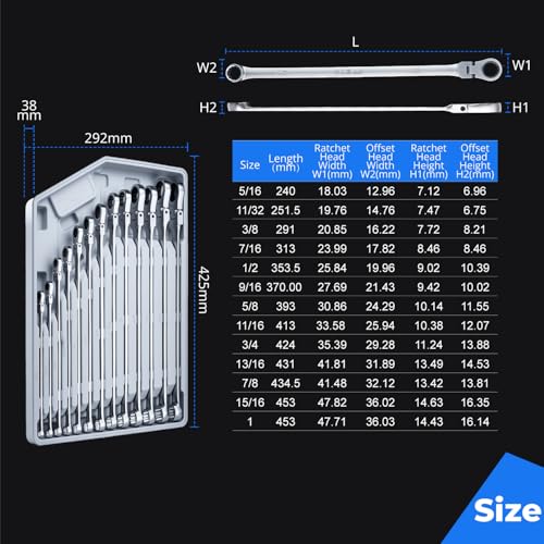 toolant Extra Long Ratcheting Wrench Set, Flex Head & Fixed Offset Head Double Box End Combination Wrench Set, CR-V Steel, SAE 5/16"-1", 13PCS with Storage Tray - size: 8mm