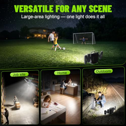 10,000LM Portable LED Work Light Compatible with Ego 56V Battery, 6 Brightness + Boost Mode, 5 Color Temps, Foldable 4-Panel with Detachable Mini Light, Tripod Mount & Hook (Tool Only) - color: Neon Green