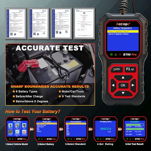 BT60 PRO Car Battery Tester 6V/12V/24V, 2–120Ah, 100–3000 CCA, AGM/Gel/Lithium, Digital Analyzer, QR Cloud Report (No App), Alternator & Starter/Charging System - color: Black-Red