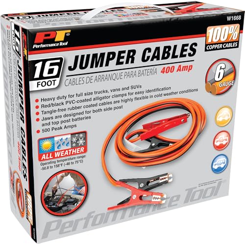 Performance Tool W1668 6GA 16 ft. Battery Jumper Cables - Rubber-Coated 100% Copper Cables, Color-Coded Alligator Jaws, Heavy Duty - style: Industrial