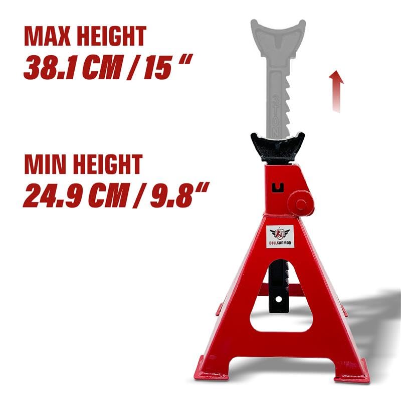 BullsArmor Jack Stands 3 Ton (6,000 lbs) Capacity - Heavy Duty Professional Steel with Self-Locking for Car, Small SUV - Adjustable Height with High Lift Range for Garage & Workshop - Red, 1 Pair