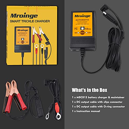 Smart Battery Charger, Mroinge 6V / 12V 1.5A Fully Automatic Trickle Charger/Maintainer for Motorcycle, ATV, Lawnmowers and More
