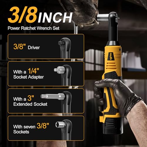 FULLYEA Cordless Electric Ratchet Wrench Set, 550RPM, 45Ft-lbs, 16.8V Extended cordless ratchet wrench 3/8, Power Ratchet with Variable Speed, 1/4" Adapter, 2 * 2.0Ah Battery and Fast Charger(Yellow)