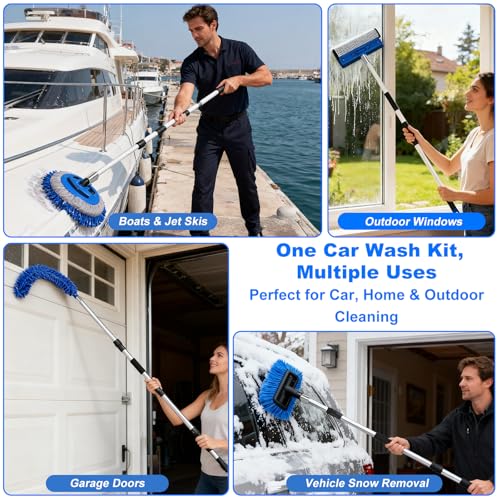XCBYT Upgraded Car Wash Brush with Long Handle, 69'' Flow-Through RV Wash Brush Kit with Soft Bristle Brush, Chenille Mop, Squeegee & Duster, Adjustable Aluminum Pole Car Cleaning Kit for SUV RV Truck