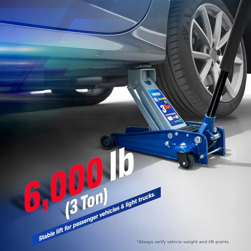 Hantec Floor Jack 3-Ton (6,600 lbs) Low Profile Hydraulic Trolley Jack HGP96 – Rapid Lift Pump, Max Height 17.7", Built-in Safety Valve & 360° Swivel Saddle for Cars, SUVs and Trucks