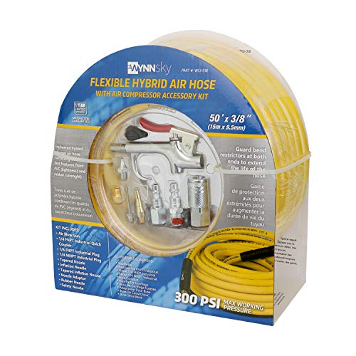 Air Compressor Accessories Kit, 3/8 Inch × 50 Feet Hybrid Air Hose with 1/4 Inch Male NPT Brass Connection, Bend Resistent, 3 Pieces Industrial Air Fittings, Air Blow Gun with 6 Pieces Nozzles