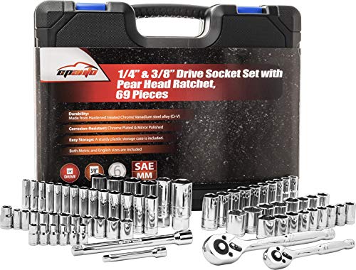 EPAuto 69 Pieces 1/4-Inch & 3/8-Inch Drive Socket Set, Pear Head Ratchet | Chrome (92-824) - size: 69 Pieces