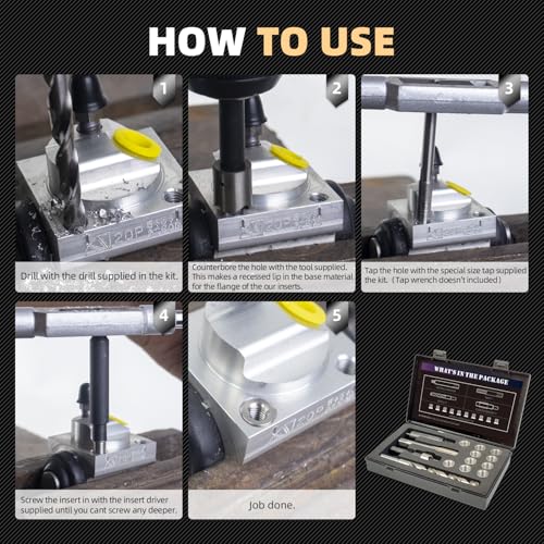 M12X1.5 Thread Repair Kit with Insert HSS Drill, Tap, Counterbore, Installation Driver, Metric, 10PCS Stainless Steel Insert M12X1.5X9.2MM