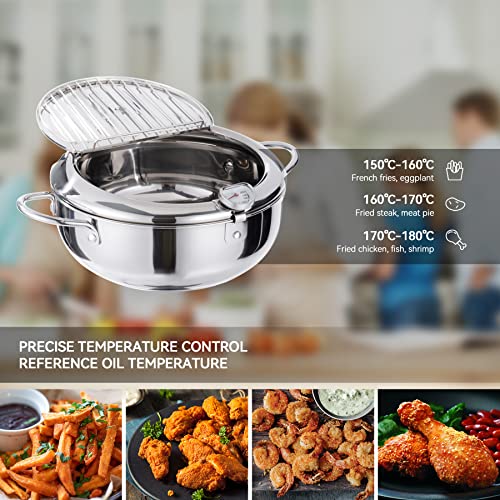 Kerilyn Deep Fryer Pot, 9.4 Inch/3.4 L Janpanese Style Tempura Frying Pot with Lid, 304 Stainless Steel with Temperature Control and Oil Drip Drainer Rack, for Kitchen French Fries, Chicken etc - size: 9.4 Inch