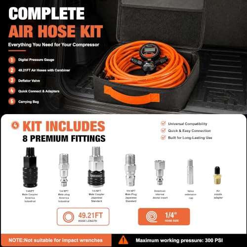 4 Tire Inflation & Deflation System, Air Up Down Kit with Digital Tire Pressure Gauge, Self-Locking Quick Coupler, TPU Braided Air Hoses, 7 Adapters for Trucks SUVs Jeeps 4x4