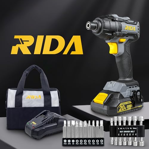 RIDA Cordless Brushless Impact Driver 180N.m, 20V Electric Impact Drill/Driver Set 1/4" All-Metal Hex Chuck,Variable Speed 2.0Ah Battery & Fast Charger, 25 Pcs S2 Bits & Tool Bag for Home DIY Use - style: Cordless Brushless Impact Driver