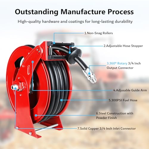 3/4” x 50ft Fuel Hose Reel Retractable with Fuel Nozzle, 3/4 Inch Diesel Fuel Transfer Hose, Auto Swivel Rewind, Max 300 PSI Tank Pump Hose, Easy Use for Farms Boat Truck Bed Trailer Cart - color: Red, size: 3/4" x 50ft