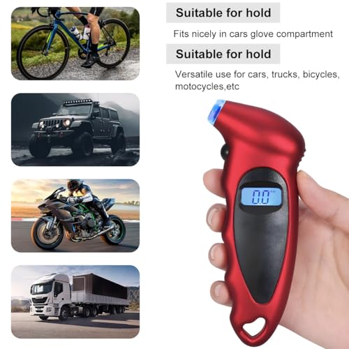KVAEY Digital Tire Pressure Gauge, 150 PSI 4 Settings Accurate Tire Gauge with Non-Slip Grip, Backlight LCD Tire Pressure Gauge Reader Checker Tool for Car Truck Bicycle Motorcycle (Red) - color: Red