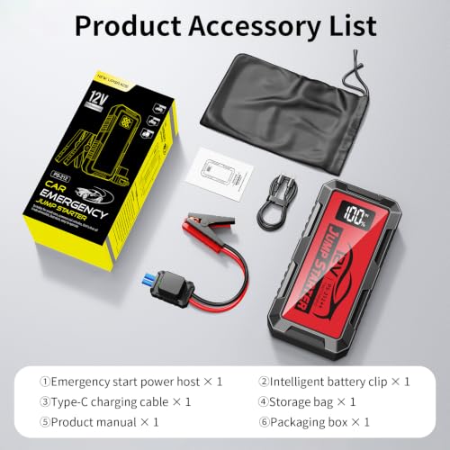 8000A Car Jump Starter, 12V Jump Starter Battery Pack (All Gas,up to 10.0L Diesel Engine) Jumper Cables Portable Lithium Jump Box, USB Output and LED Light (red) - color: red