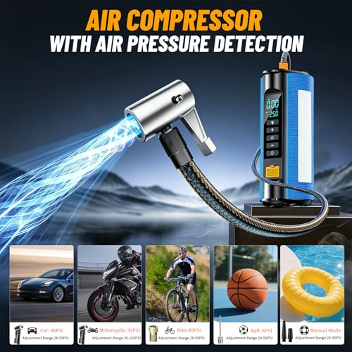 Car Battery Jump Starter with Air Compressor, 2500A Car Jumper Starter Portable150PSI, Battery Jumper Starter Portable Jump Box for Car Battery with 600LM,Jumper Cables, LCD Display | Car Jumper Starter, Portable Battery Jumper Starter Portable Jump Box f