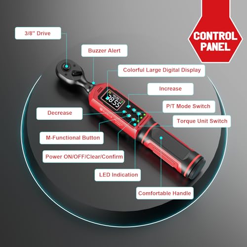 SUERCUP 3/8" Digital Torque Wrench (0.66-44.29Ft.Lb/0.9-60N.m) | ±1% Accuracy with Vibration/Buzzer/LED Alerts, 9 Presets & 5 Units, for Moto Engine/Brake, Car Spark Plug & Oil Drain Repair - size: 3/8" 0.66-44.29Ft.Lb/0.9-60N.m