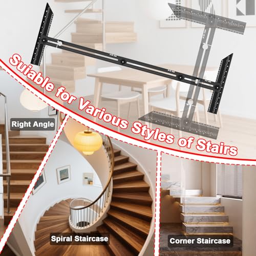 Stair Tread Template Tool – Stair Tread Gauge Jig, Aluminum Alloy Measuring and Scribe Tool for Accurate Angle, Depth, and Length Measurement of Stairs, Risers, and Partitions - color: FullBlack