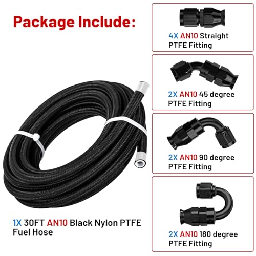 10AN 30FT PTFE Fuel Line Hose Kit, AN10 E85 Nylon Stainless Steel Braided Fuel Hose with 10 PCS Swivel PTFE Fuel Hose End Fittings Adapter Kit - Black - color: Black, size: 10AN Fitting+30Ft Hose