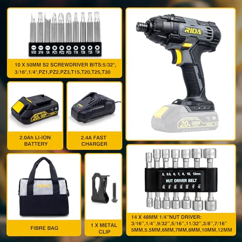 RIDA Cordless Impact Driver Kit 20V 180Nm Torque Home DIY & Repair Projects | 1/4" All-Metal Hex,0-2800RPM, Variable Speed, 2.0Ah Battery, 1H Fast Charger, 25 Driver Bits, Storage Tool Bag - style: Cordless Impact Driver