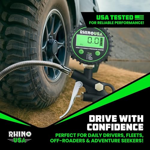 Rhino USA Digital Tire Pressure Gauge with Inflator (250 PSI) - Air Chuck | Professional Air Chuck & Compressor Attachments. 0.1 Display Resolution for Precise Readings on Car & Truck Tires. - style: 250psi Digital