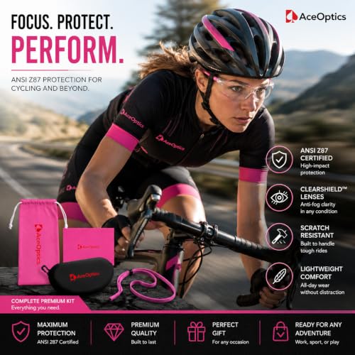 Safety Glasses – ANSI Z87 Certified, 5X Anti-Fog ClearShield™ Lenses with Premium Hard Case & Accessory Bundle - color: Pink & White / Clear