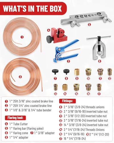 25 ft 3/16in &1/4in Copper Coated Brake Line Flaring Tool Kit, Includes 3-in-1 Tube Bender, Double & Single Flaring Tool Set, 1 Tube Cutter, 4 Threads Unions, 40 Fittings - color: 3/16 in & 1/4 inc Copper Coated
