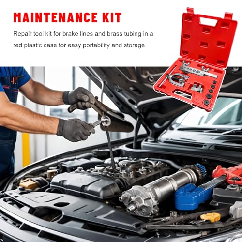 Double & Single Flaring Tool Kit, 45 Degrees Brake Line Repair Kit with Tubing Cutter & Adapters, Professional Flaring Tool Set for 3/16" to 1/2" Copper Aluminum Brass Tubing