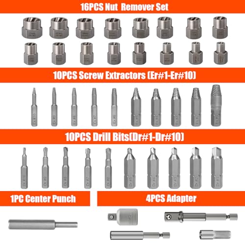Coobeast 41Pcs Bolt Extractor Kit and Small Screw Extractor Set, Ez Out Bolt Extractor Tool with 5Pcs Compatible Adapter for Stripped Screw, Broken Nut and Damaged Bolt Remove - size: 41 PCS
