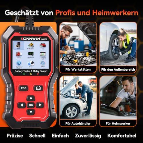 KONNWEI KW371 6V/12V/24V Battery Tester & 4/5Pin Relay Tester 2 in 1 | battery tester automotive with cranking & charging load test, 4/5-pin relay tester, CCA 10-2000, No batteries required. - size: 7.68*3.74*2.17 inch