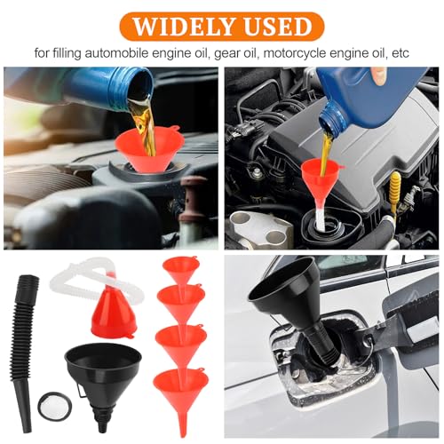 6 Pcs Automotive Funnels Set | Wide Mouth Fuel Funnels with Detachable Spout and Filter, Oil Funnel Kits for Filling Coolant, Engine Oil, Water, Gasoline
