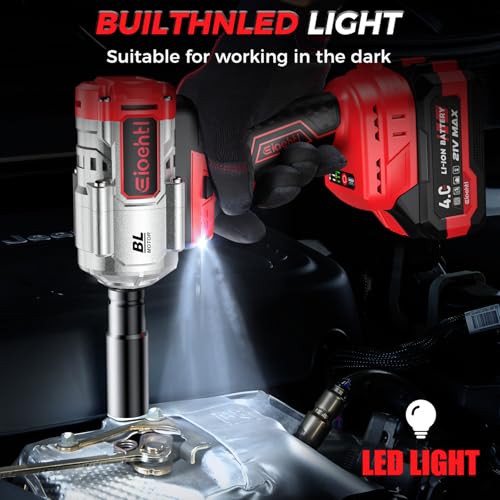 Cordless Impact Wrench 885 Ft-lbs (1200N·m), Brushless High Torque 1/2" Impact Gun, 21V 2×4.0Ah Batteries, 3-Mode Speed Control, Impact Wrench with 5 Sockets + Extension Bar for Car, Truck, RV & Mower
