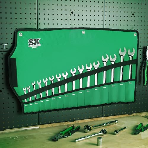 SK Reversible Ratcheting Wrench Set, Combination Wrenches, Metric 16-Piece | Ratchet Wrenches Set 72-Tooth, Chamfered Head Design, Premium CR-V Steel, Roll-Up Pouch