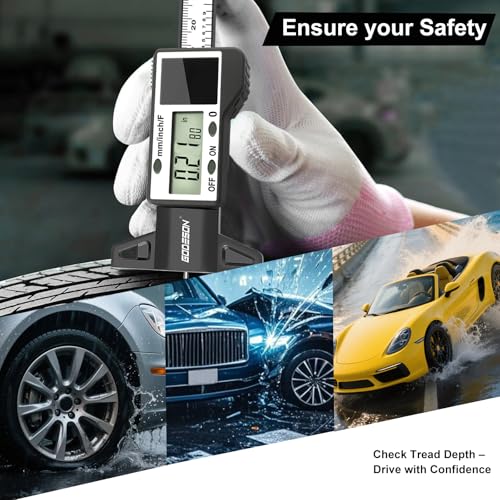 GODESON Digital Tire Tread Depth Gauge -Reads 32NDS, Inch & MM/Solar/Battery Hybrid Power/1" (25.4mm) Range/Accurate Tire Thread Depth Gauge Tool Suitable for Cars, Trucks, Motorcycles - style: IN/MM/FRAC - Black