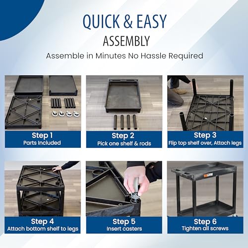 Luxor 32" x 18" Tub Storage Cart 2 Shelves - Black, (EC11-B) | Heavy-duty HDPE plastic utility rolling station with 4 inch swivel casters; ideal for mechanic garage, warehouse and office
