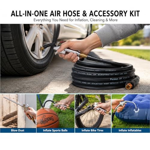 19 Pieces Air Compressor Accessories Kit, 3/8 Inch x 25FT Hybrid Air Compressor Hose Kit with 1/4 in NPT Quick Connect Air Fittings, Air Tool & Air Compressor Accessories Kit, Bend Restrictors,300 PSI