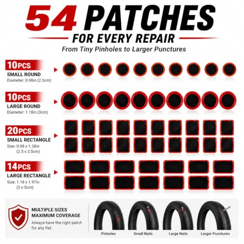 Bike Tire Repair Kit 80 PCS, Flat Tire Repair Kit with 54 Patches, 4 Vulcanizing Glue Tubes, Tire Levers & Valve Core Tools for Bikes, E-Bikes, Scooters & Inner Tube Repairs