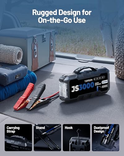 TOPDON Car Battery Jump Starter, 3000A Peak Portable Jump Starter Battery Pack for 12V Vehicles, Up to 8L Gas/6L Diesel Engines, Battery Booster with Jumper Cables, LED Flashlight and EVA Case