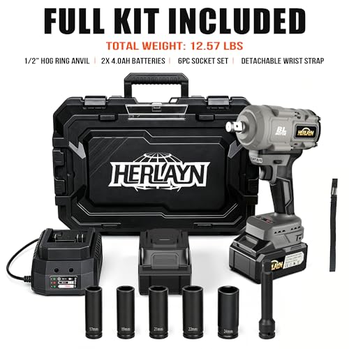 1/2" Cordless Impact Wrench MAX1760N.m Brushless, Dual 4.0Ah Battery - color: Grey