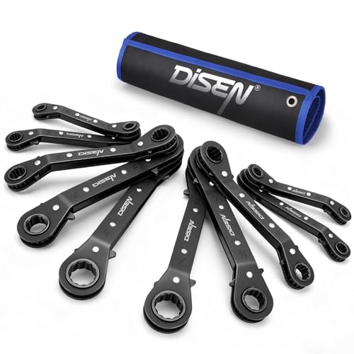 DISEN 10-Piece Double Offset Box End Reversible Ratcheting Wrench Set, SAE (1/4-7/8 inch) & Metric (6-21mm) Heavy Duty Ratcheting Wrench Set for Narrow Space, Rolling Pouch - style: 10 PCS