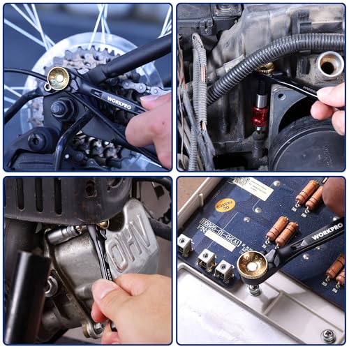 WORKPRO 1/4" Mini Ratchet Wrench Set with Magnetic Bit Holder, Screwdriver Bit Set, S2 Steel, Metric Shallow Socket (6-13mm), 72-Tooth, Right Angle Screwdriver, with Storage Case for DIY, Auto Repair | Mini Ratchet Wrench 1/4" Double Head 3-in-1 S2 Steel