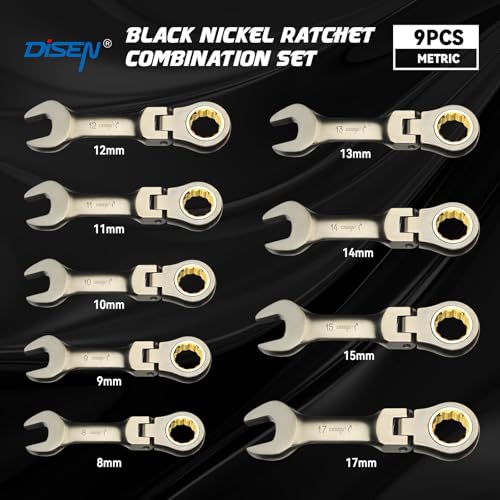 DISEN 9 Piece Flex Head Stubby Ratcheting Wrench Set Metric 90 Tooth | Metric 8-17 mm, CR-V Material, Nickel Plating Finish Combination Ratchet Wrenches Set, Golden Ratchet, with Rolling Pouch
