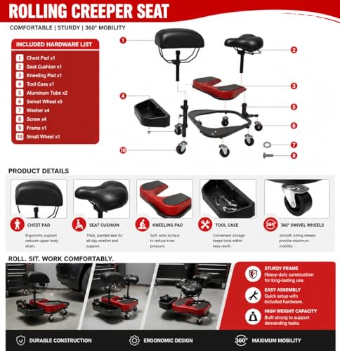 Heavy-Duty Kneeling/Sitting Creeper with Adjustable Seat & Tool Tray – 300lb Capacity Rolling Knee Work Seat for Auto Repair, Flooring, Landscaping & DIY – Padded Knee Support & Smooth Casters