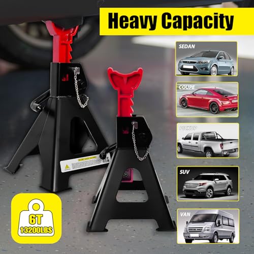 YATOINTO 6 Ton Jack Stands, 15.6"-23.4" Adjustable with Double Pin Locking,Heavy Duty Jack Stands with Extra Rubber Pads,Car Lifts for Home Garage,Lifting Various Vehicles,1 Pair Black - color: Black+Red, size: 6 Ton Double Pin Locking with Rubber Pads