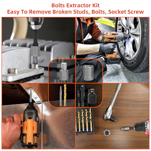 56Pcs Spiral Screw Extractor Set, Left Hand Drill Bit Set Easy Out | Bolt Extractor Set Hex Adapter, Multi-Spline Lug Nut Remover for Stripped, Rounded, Damaged, Broken Studs Bolts Screws - size: 56pcs