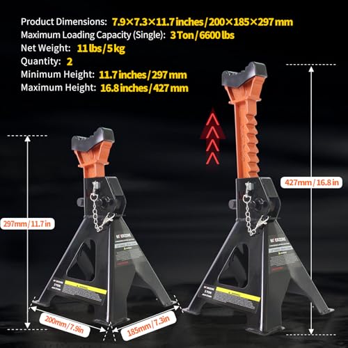 3 Ton Jack Stands, 1 Pair Heavy Duty Steel Car Jack Stands with Double Locking Pins, Adjustable Height for Cars, SUVs, Sedans and Vehicle Repair Maintenance(Black