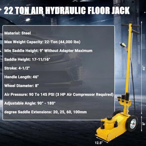 GarveeTech 22 Ton Air Hydraulic Floor Jack for Heavy Duty Trucks & Tractors – Low Profile (9"-17.7"), 4 Adapters, 46" Adjustable Handle – 44,000 Lbs Capacity - color: 22 Ton Yellow