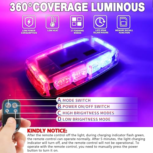 Rechargeable Red Blue Emergency Roof Top Strobe Light Wireless Battery, 48LED 17 Flashing Modes,High Low Brightness,Hazard Traffic Lights w/Magnetic Base, Remote Control for Construction Vehicles - color: Red Blue